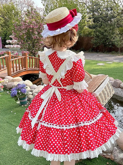 White Polka Dots Red Old School Lolita Peter Pan Collar Dress + Maid Apron + Strawberry Big Bow