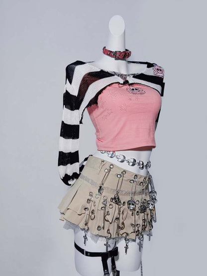 Punk Khaki Asymmetrical Hem Pin Skeleton Cross Design Skirt