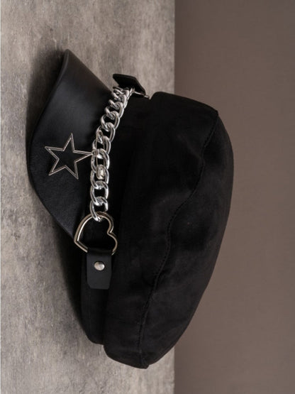 Black Gothic Star Charm Heart Buckle Design Beret Hat With Chain