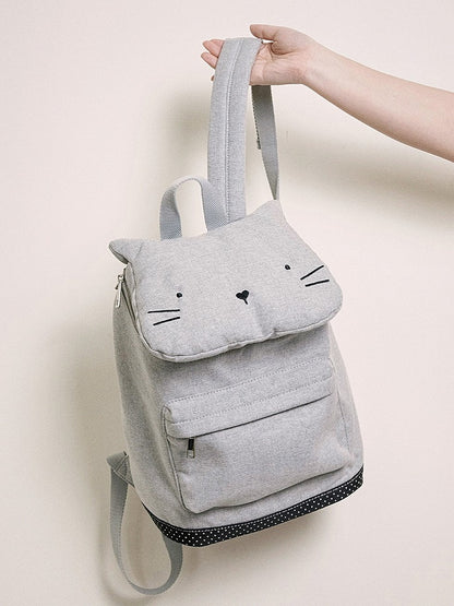 Charming Grey Cat-Ear Flap Backpack With Embroidered Kawaii Kitten Design