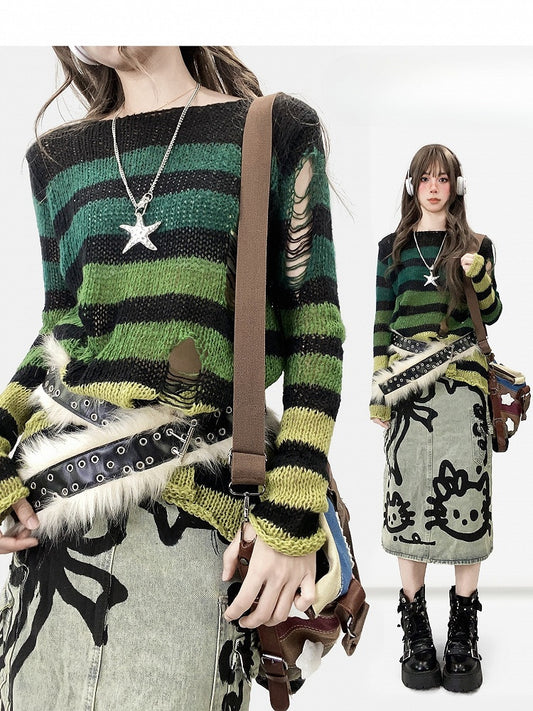 Green Y2K Striped Pattern Cut-out Details Asymmetrical Neckline Sweater