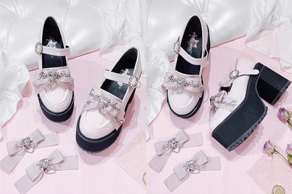 Jirai Kei Rhinestones Bow Clips Pink Chunky Heels Landmine Style Platforms