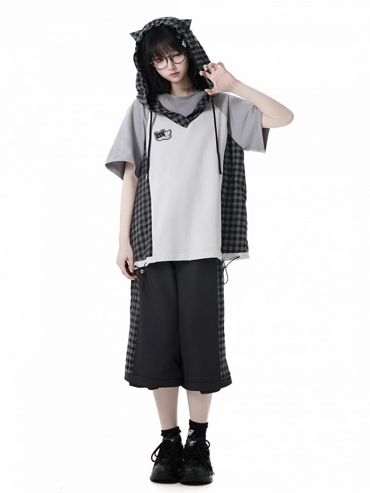 Clearance-Size M for Waist 66CM Black Plaid Zip Cuffs Techwear Two Ways Wear Pants/Shorts with Snap Belt