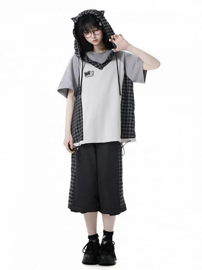 Clearance-Size M for Waist 66CM Black Plaid Zip Cuffs Techwear Two Ways Wear Pants/Shorts with Snap Belt