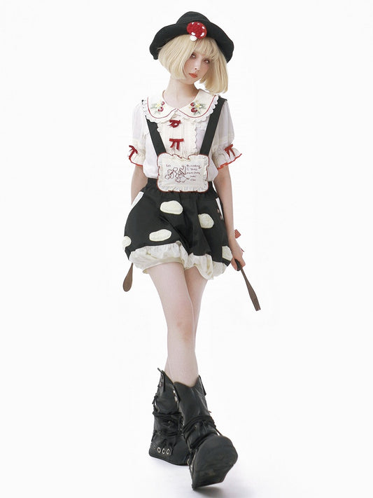 Fleece White Spot Applique Black Sweet Lolita Mushroom Bubble Short with Detachable Straps