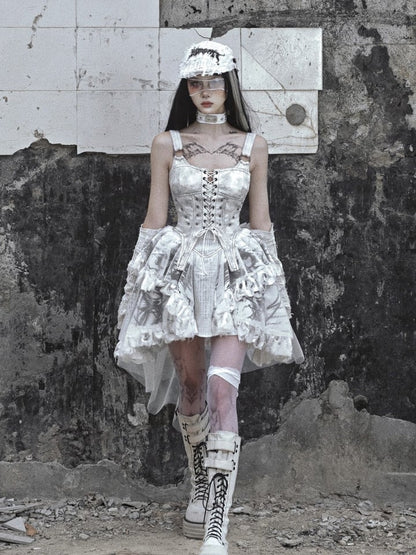 Grey Punk Corset Bodice Dress with Detachable Tulle Train