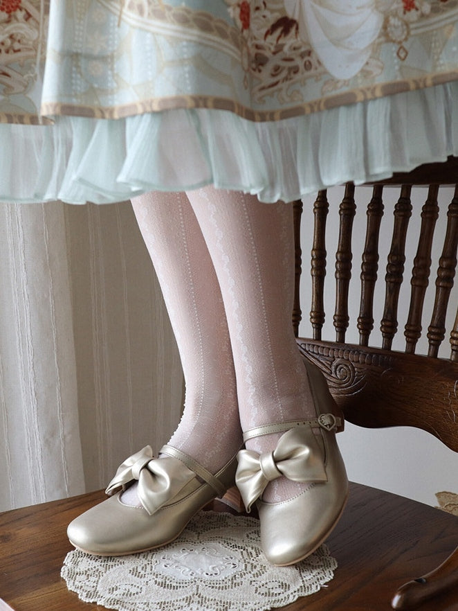 Mid-heel Golden Mary Janes with Mid-heel - Bow at Top & Heart Buckle