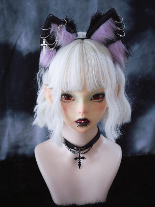 Gothic Black and Purple Kitty Ears KC with Cross Chains