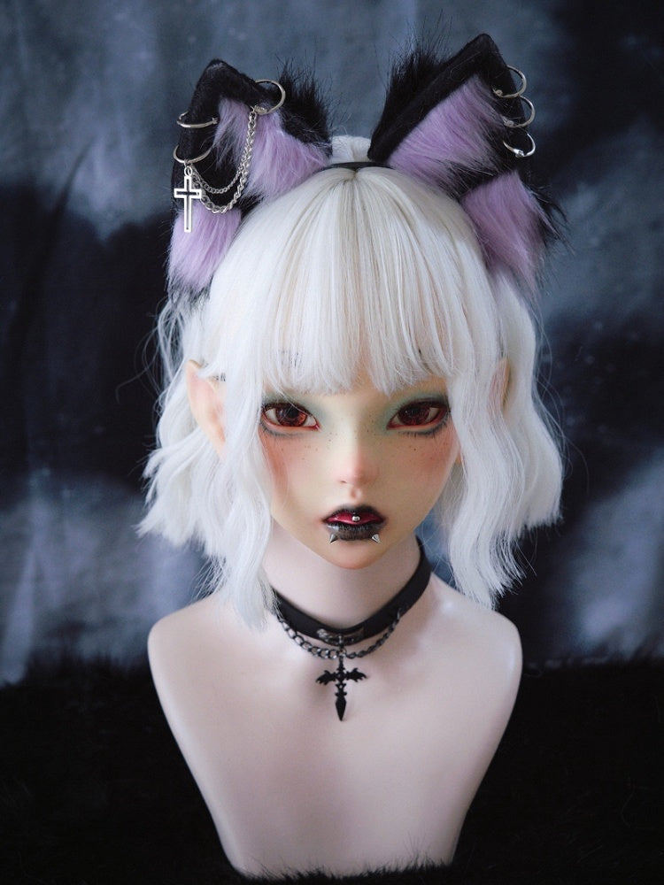 Gothic Black and Purple Kitty Ears KC with Cross Chains