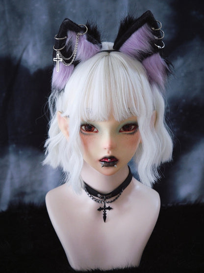 Gothic Black and Purple Kitty Ears KC with Cross Chains