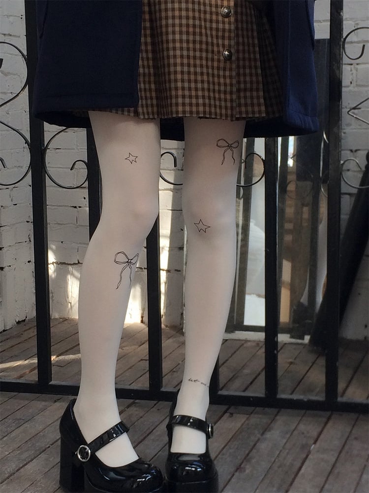 Creamy White/Light Gray/Purple Bowknot and Star Print Pantyhose