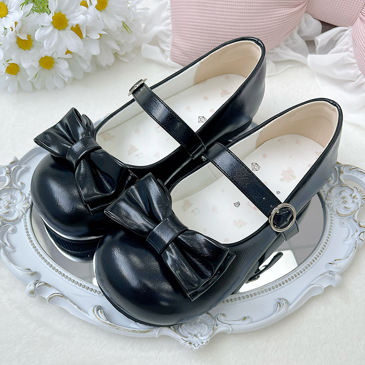 Low-heel Black Sweet Style Mary Janes - Round Toe with Ring Fastener & Bow Details