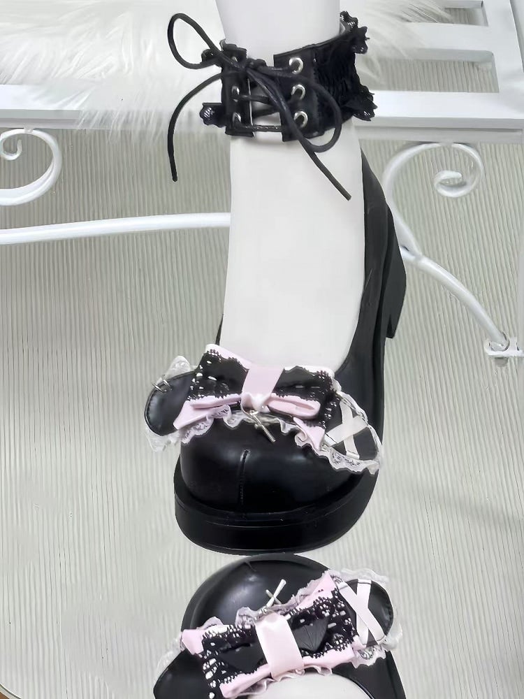 Landmine Style Black Mid-Heel Mary Janes: Pink Bow with Dangling Cross & Ankle Lace-Up