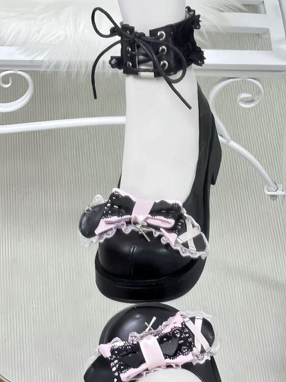 Landmine Style Black Mid-Heel Mary Janes: Pink Bow with Dangling Cross & Ankle Lace-Up