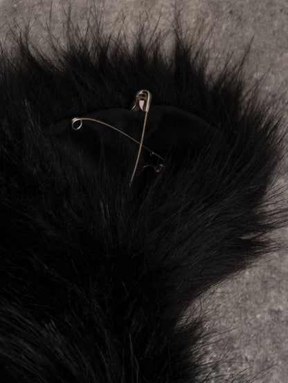 Black Gothic Pompon Charms Plush Cat Ear Hat With Pin Decorated Skeleton Applique Bone