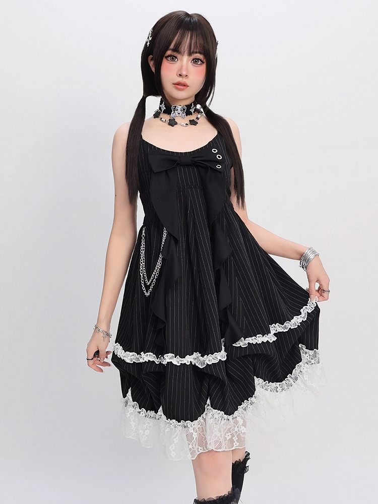 Big Bow Neckline Black Striped Cami Dress Bubble Skirt with Detachable Waist Chain