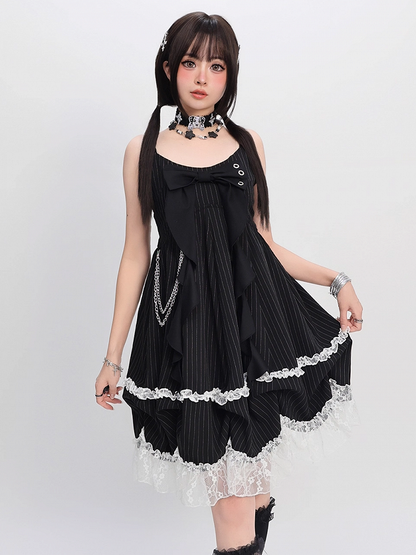 Big Bow Neckline Black Striped Cami Dress Bubble Skirt with Detachable Waist Chain