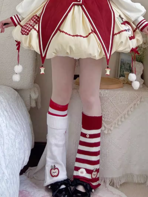 Sheep Embroidered Leg Warmer/White Apple Embroidered Leg Warmer/Red and White Striped Calf Sock Set