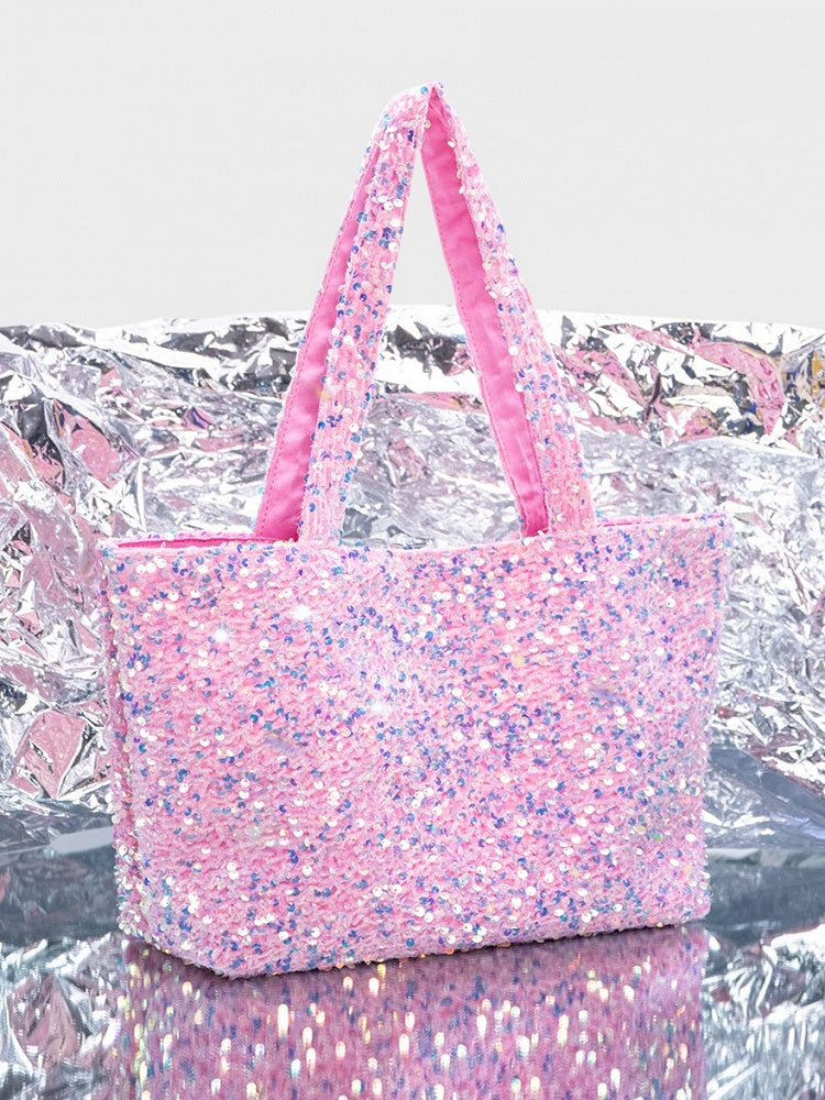 Shimmering Pink Sequin Tote Bag - Single Shoulder Carry