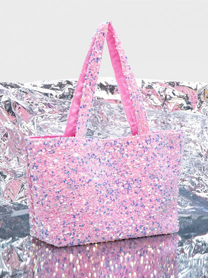 Shimmering Pink Sequin Tote Bag - Single Shoulder Carry