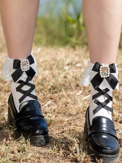 White/Black Jirai Kei Bowknot Details Rhinestone Lace Cuffs Calf Socks