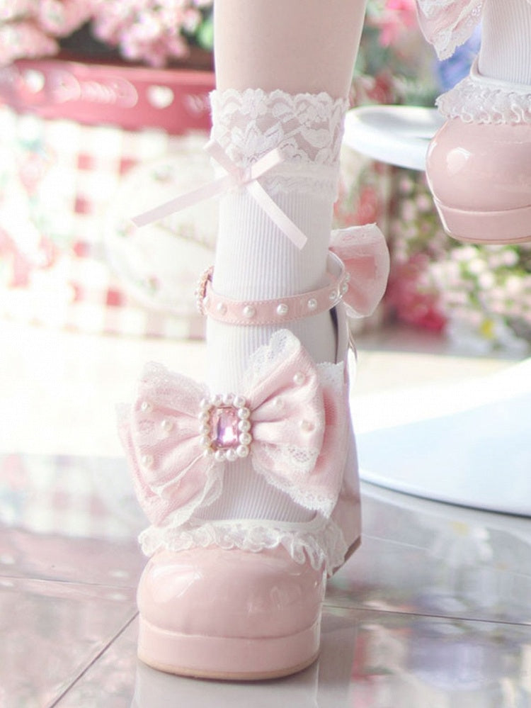 Polished Dusty Pink Detachable Rhinestone And Beaded Decorated Bowknot Lace Trim Platform High Block Heels