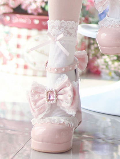 Polished Dusty Pink Detachable Rhinestone And Beaded Decorated Bowknot Lace Trim Platform High Block Heels