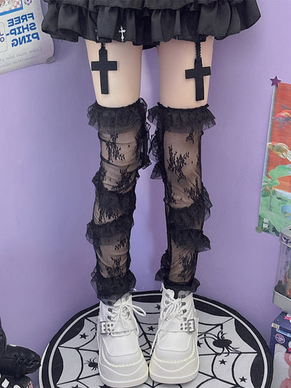 Black Y2K Lace Trim Loose Leg Sleeves