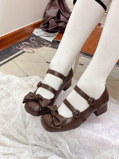 Bow Accents Sweet Brown Buckle Straps Shoes Princess Low Heels