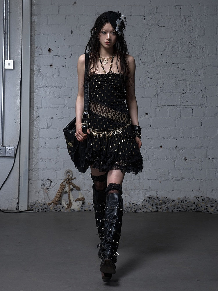 Beige/Black Halter Neck Lace Patches Waist Polka-dot Vintage Strapless Dress