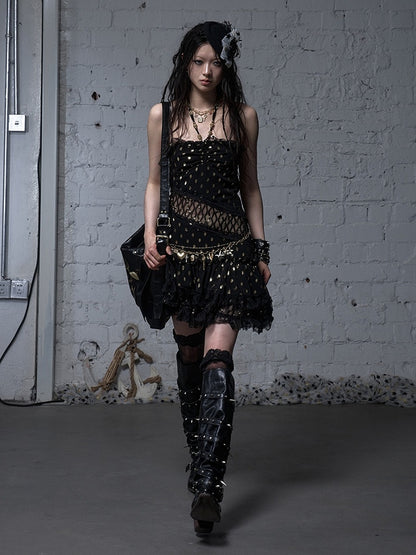 Beige/Black Halter Neck Lace Patches Waist Polka-dot Vintage Strapless Dress