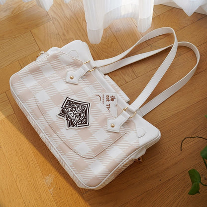 Plaid Pattern Large Capacity White Ita Tote Bag
