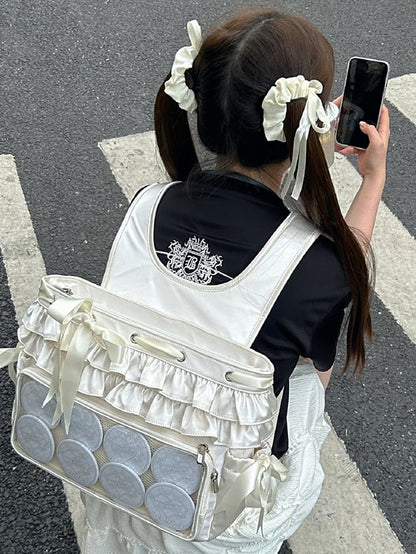 Beige Ruffle Trim Bow Accents Balletcore Ita Backpack