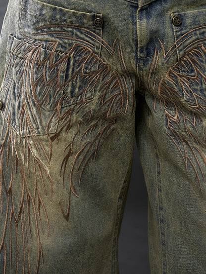 Blue/Yellow Faded Wash Distressed Holes Angel Wing Embroidery Vintage Punk Wide-leg Jeans