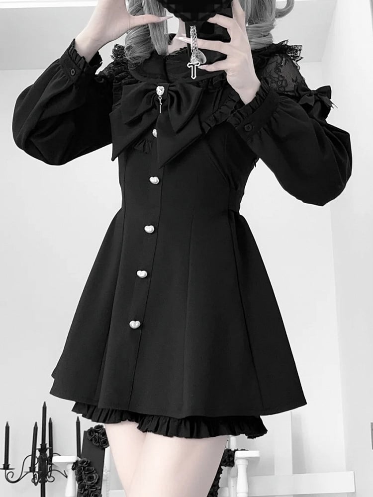 Black Jirai Kei Set - Sailer Collar Sweetheart Buttons Long Sleeves Top + Shorts + Bow Tie