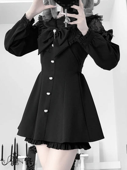 Black Jirai Kei Set - Sailer Collar Sweetheart Buttons Long Sleeves Top + Shorts + Bow Tie