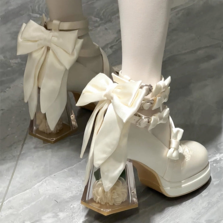 White Camellia Flower High Block Heel Elegant Platform High Heels