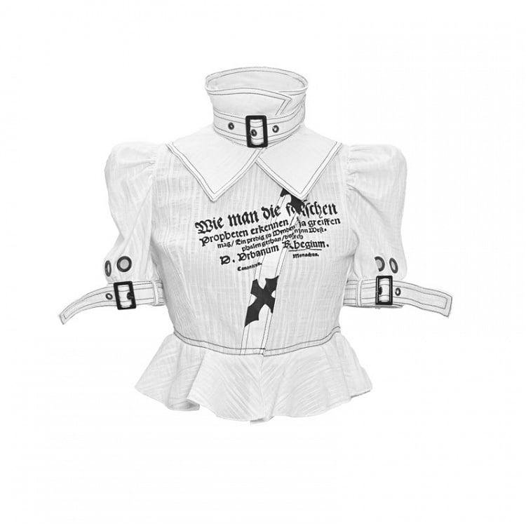 Grey Goth Letters Print Punk Shirt with Detachable Buckle Collar