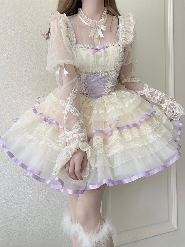 Purple Bows Print Basque Waist Balletcore Lolita Jumper Skirt