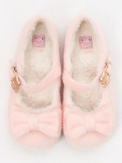 Plush Sweet Pink Flat Shoes for Lolita with Decorative Bow & Hugging Bear Clasps - Regular/Thicken Version