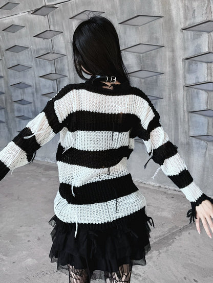 Punk Cross Applique Black and White Striped Distressed Sweater