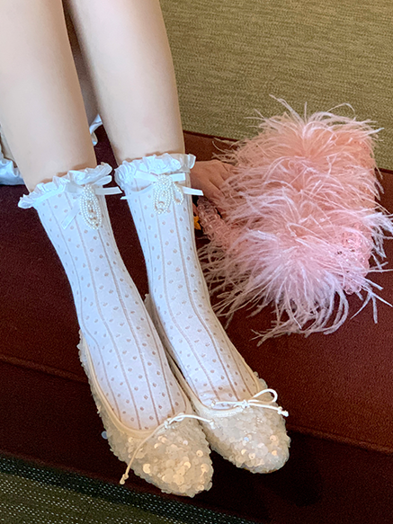 White Beaded Bowknot Decorated Lace Trim Socks
