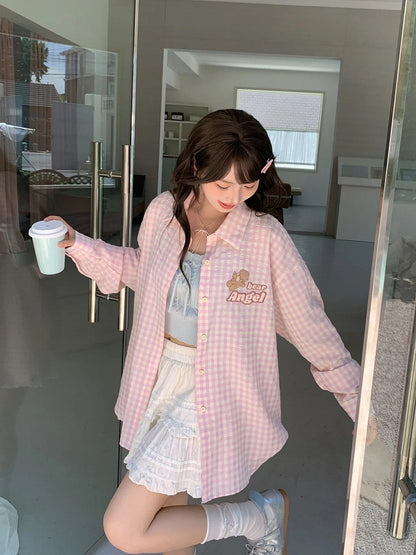 Adorable Bear Embroidery Pink Loose Plaid Shirt