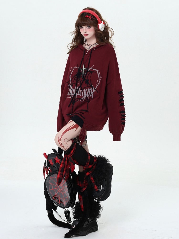 Wine Red Gothic Spiderweb Distressed Holes Hooded Sweater