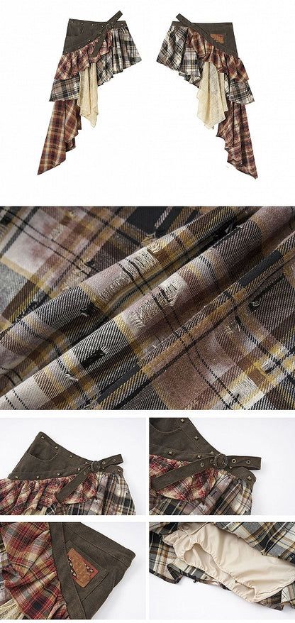 Waist Belt Design Red and Brown Punk Asymmetrical Plaid Skirt with Studs