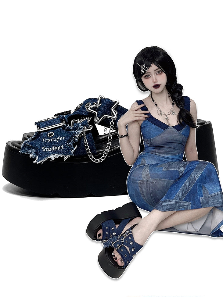 Star-shaped Buckles and Studs Blue Denim Punk Platform Slippers