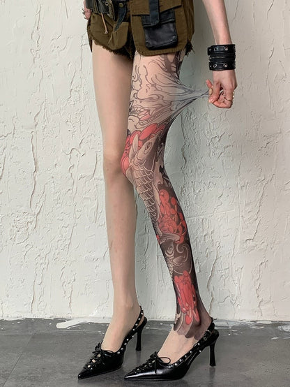 Nude Gyaru Fashion Asymmetrical Design Fish Tattoo Print Tights