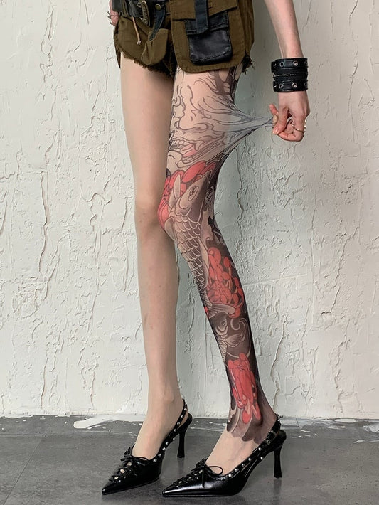 Nude Gyaru Fashion Asymmetrical Design Fish Tattoo Print Tights