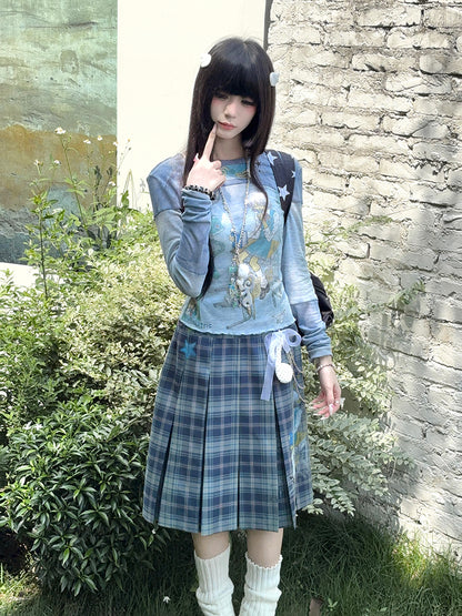 Blue Round Neck Top with Cartoon Print