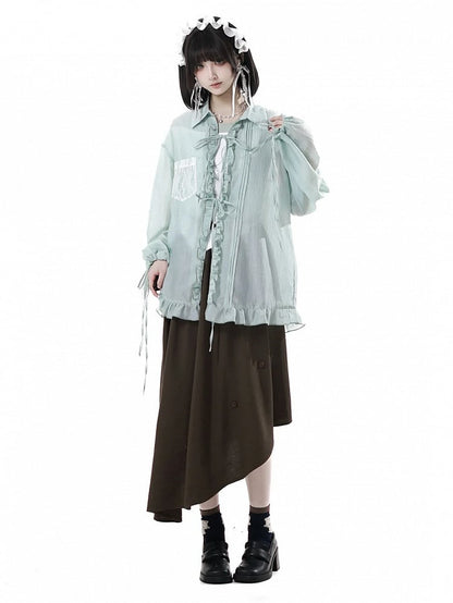 Brown Elastic Waist Asymmetrical Hem Floral Decorated Skirt